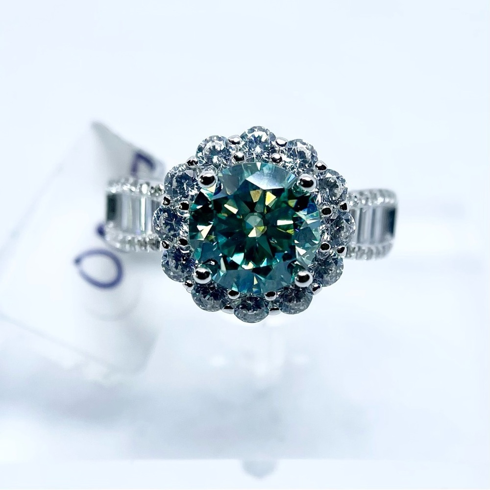 Moissanite Halo Ring Aqua Blue Center & Baguette Accents 18K White Gold Finish - Picture 5 of 16